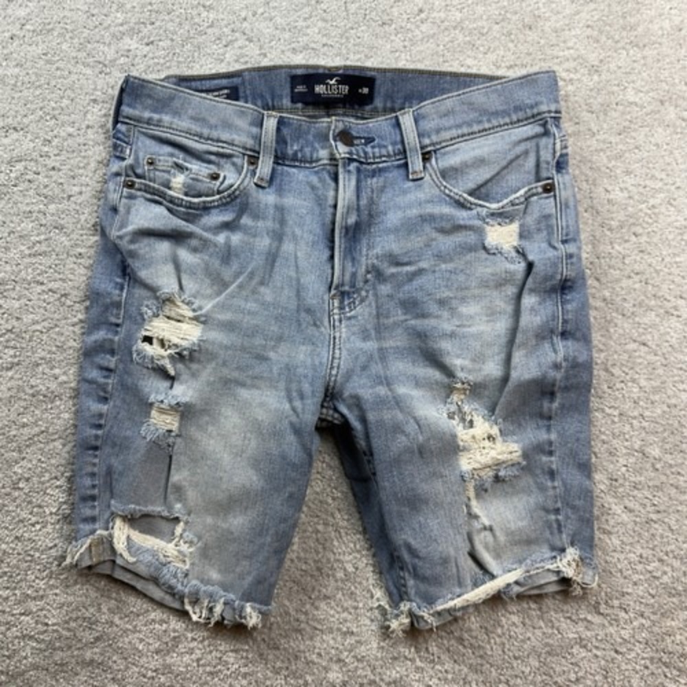 Hollister Epic Flex Skinny Denim Shorts Men's 30 Light Blue Ripped Stretch Jorts
